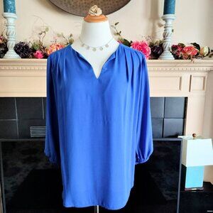 Pleione Deep Blue Blouse Top L V-Neck 3/4 Sleeve Elastic Cuffs Pleats Slipover